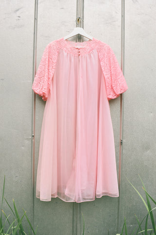 Sheer Pink Lace Puff Sleeve Dressing Gown